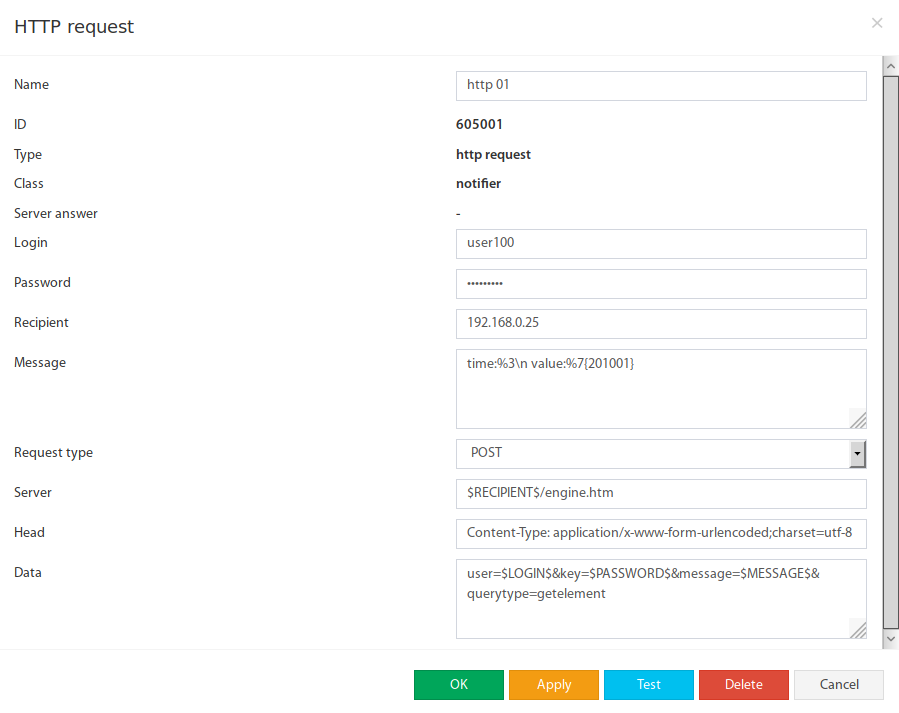 Ventana de configuración HTTP Request en la interfaz web de Didactum