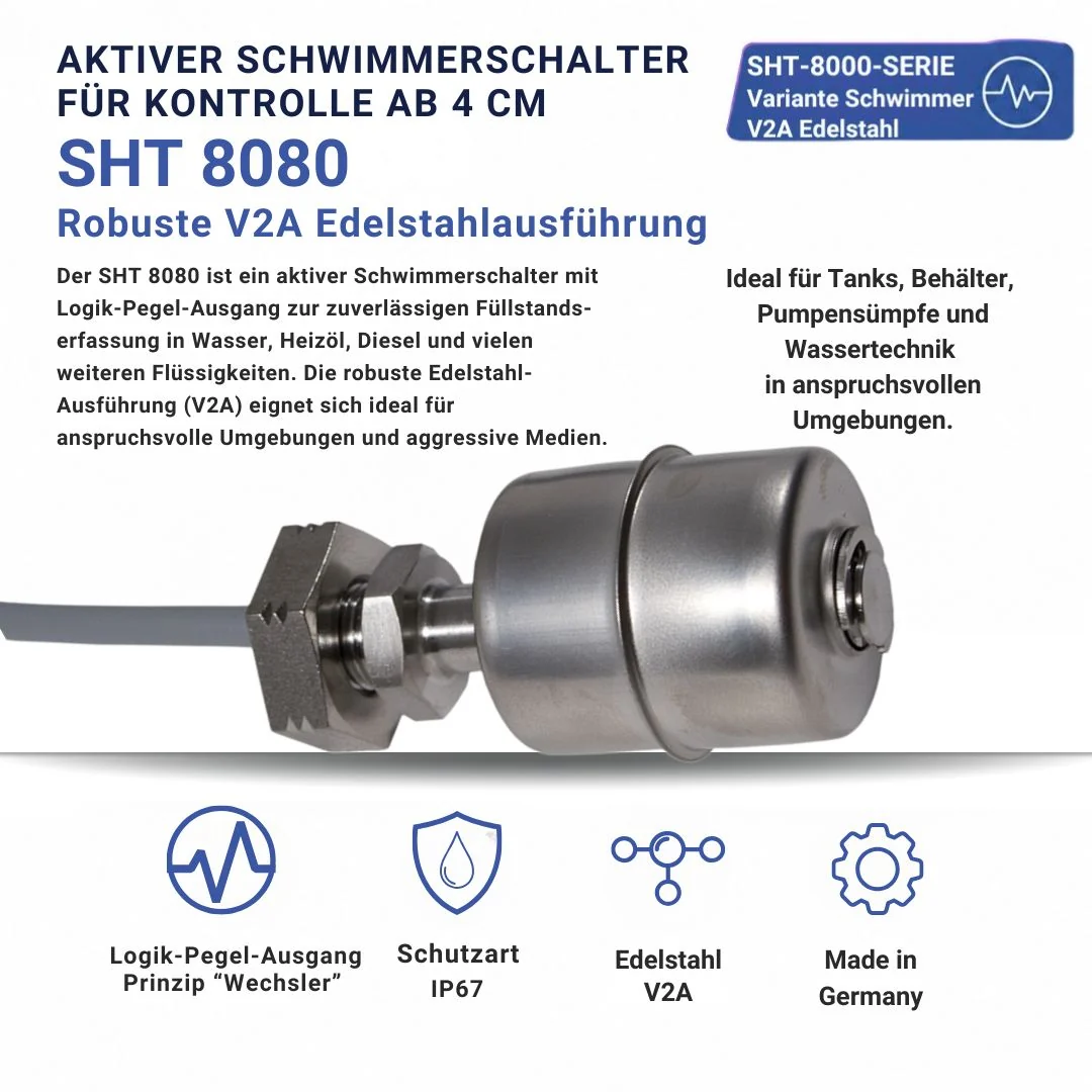Miniinterruptor de flotador activo SHT 8080 (acero inoxidable V2A) con salida de nivel lógico