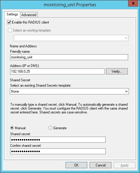Neuen RADIUS-Client in der NPS-Konsole anlegen: IP-Adresse der Didactum-Einheit und Shared Secret eintragen