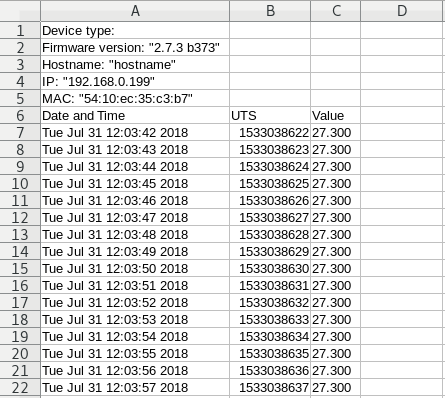 Ejemplo de un archivo Sensor-Dump CSV abierto en un programa de hoja de cálculo
