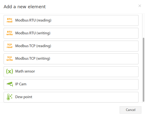 Añadir elemento Modbus TCP: Menú de selección