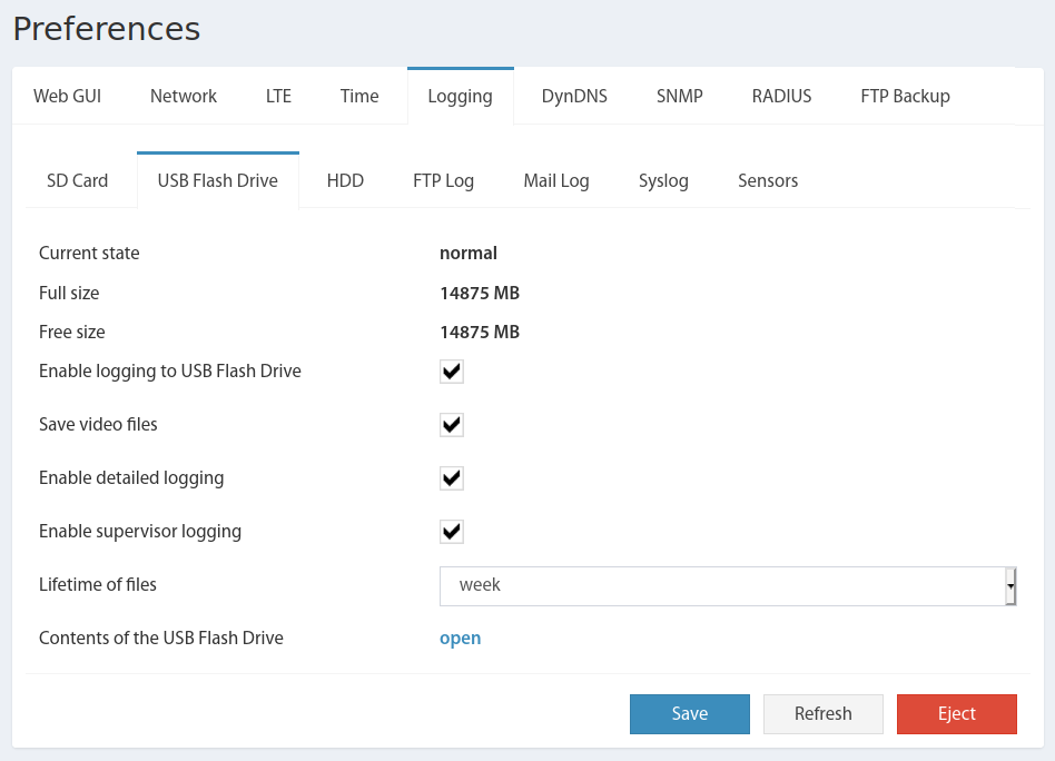 Gestión de unidad USB-Flash en Preferences → Logging → USB Flash Drive