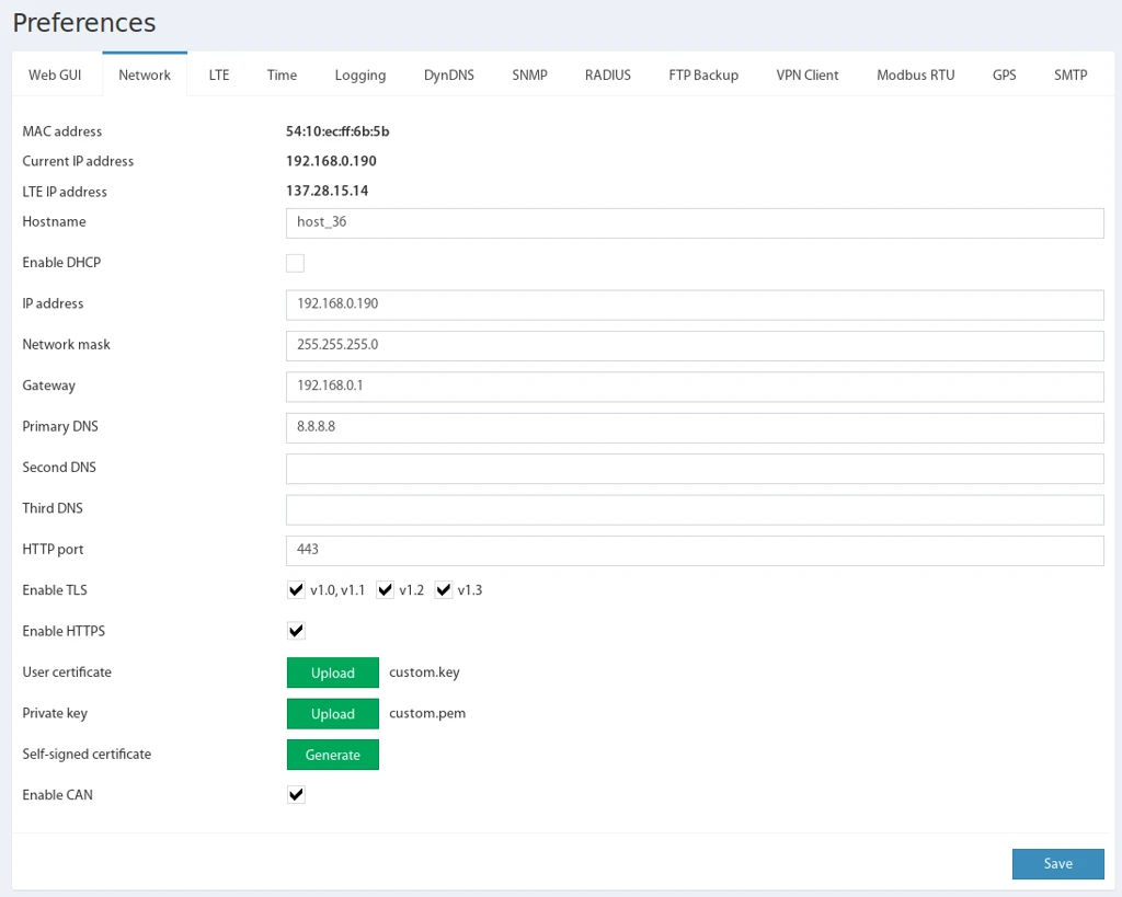 Netzwerkeinstellungen-Dialog im Web-Interface der Didactum-Überwachungseinheit