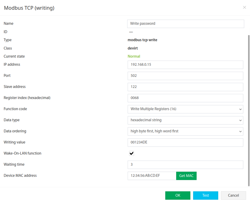 Formulario de configuración Modbus TCP Writing