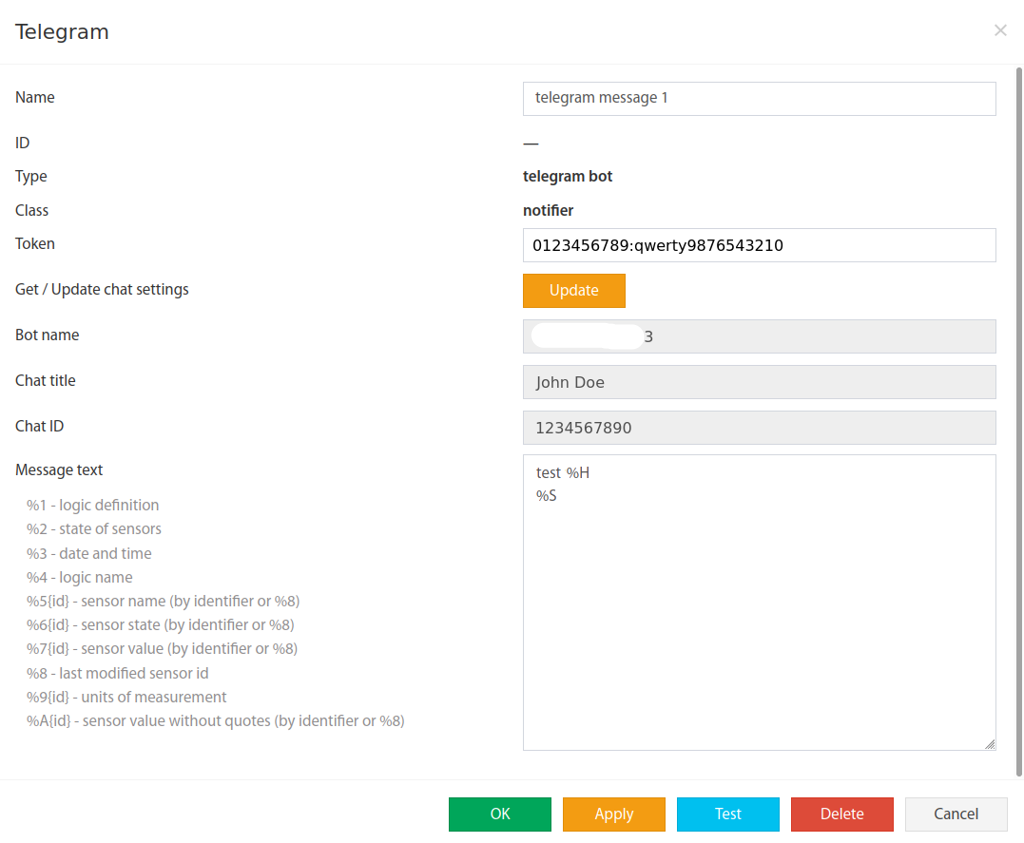 Configuración de Telegram en la interfaz web de Didactum