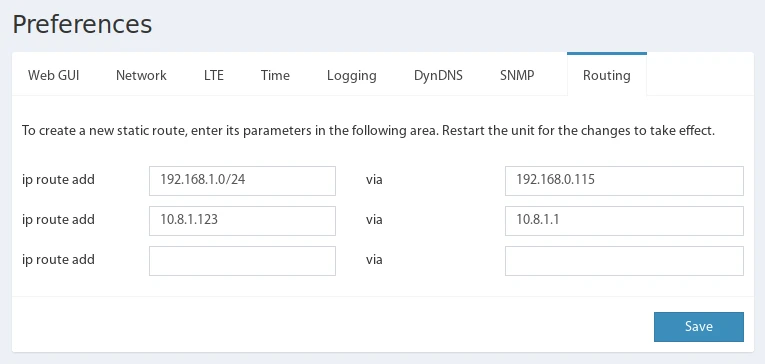 Routing-Tab unter Einstellungen: Statische Routen per ip-route-add-Befehl konfigurieren