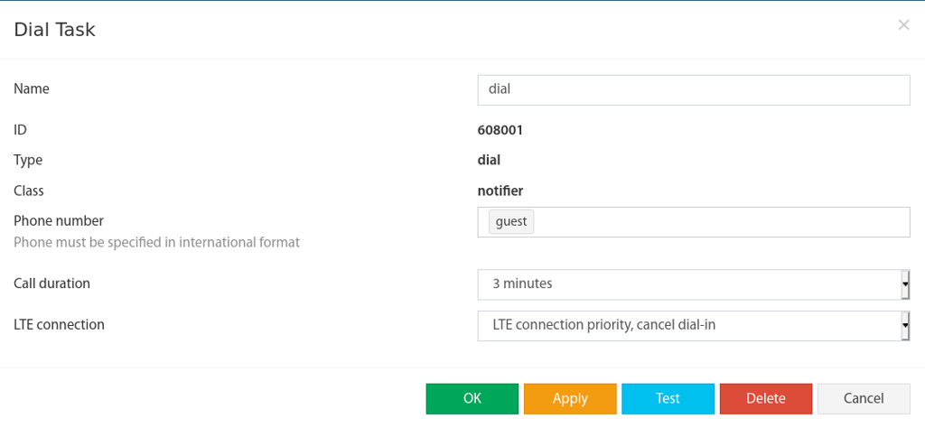 Ventana de configuración Dial Task en la interfaz web de Didactum