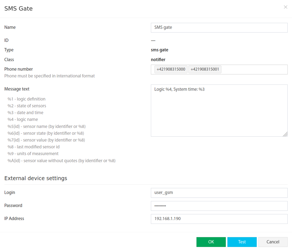Ventana de configuración SMS Gate en la interfaz web de Didactum