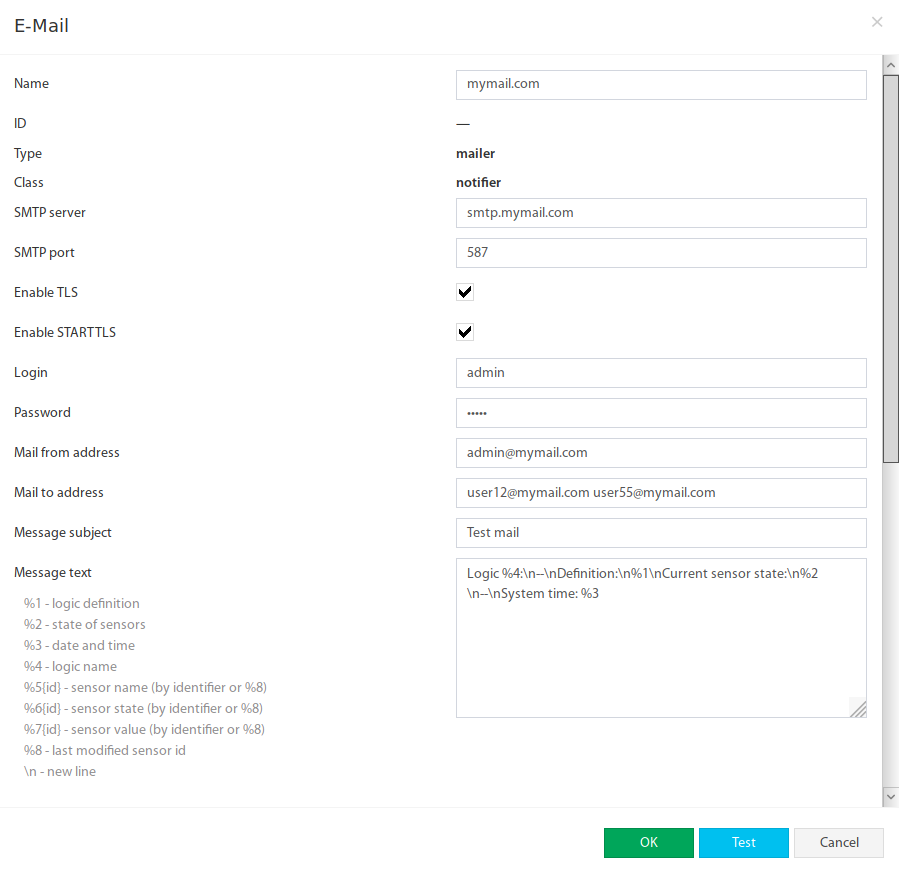 Ventana de configuración de Correo Electrónico: Servidor SMTP, puerto, TLS/STARTTLS, login, remitente, destinatarios y texto del mensaje