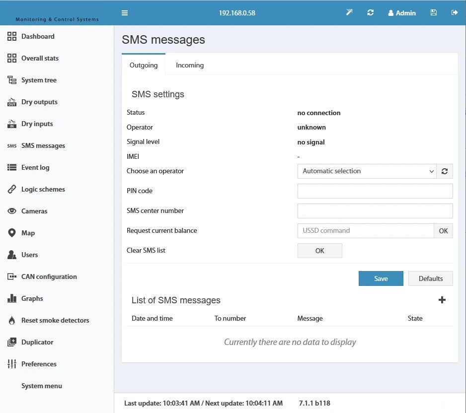 Pestaña SMS messages con estado, operador, intensidad de señal, IMEI, código PIN y otros ajustes del módem