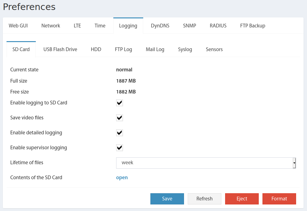 Gestión de tarjeta SD en Preferences → Logging → SD Card