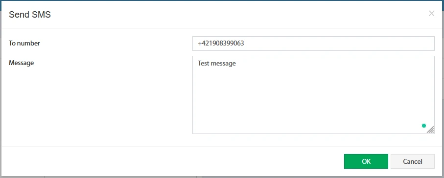 Cuadro de diálogo para enviar un SMS de prueba