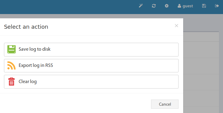 Ventana de diálogo „Save log to disk“ para descargar o borrar el Event-Log actual