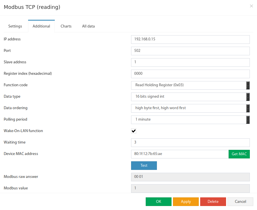Pestaña Additional en el formulario Modbus TCP Reading