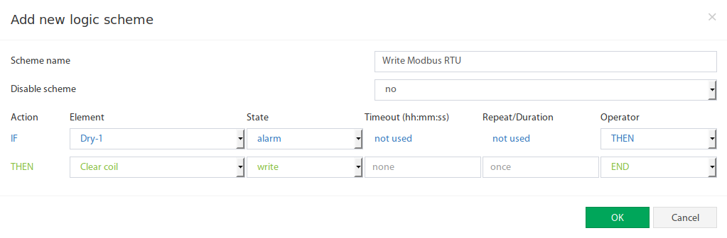 Modbus RTU Writing como tarea THEN en plan de lógica