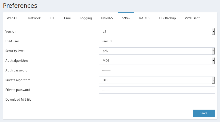 SNMP-Einstellungsseite im Didactum Web-Interface: Communities, MIB-Download und Aktivierungs-Checkbox
