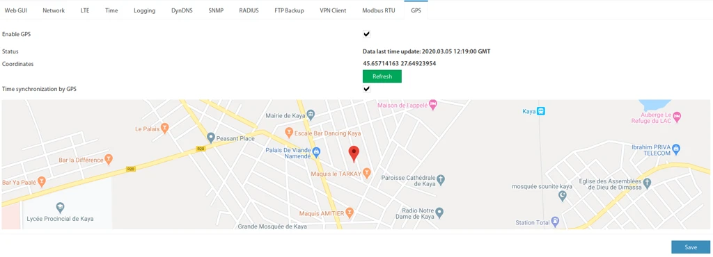 Ajustes GPS en la pestaña Preferences GPS: estado, coordenadas y sincronización de tiempo