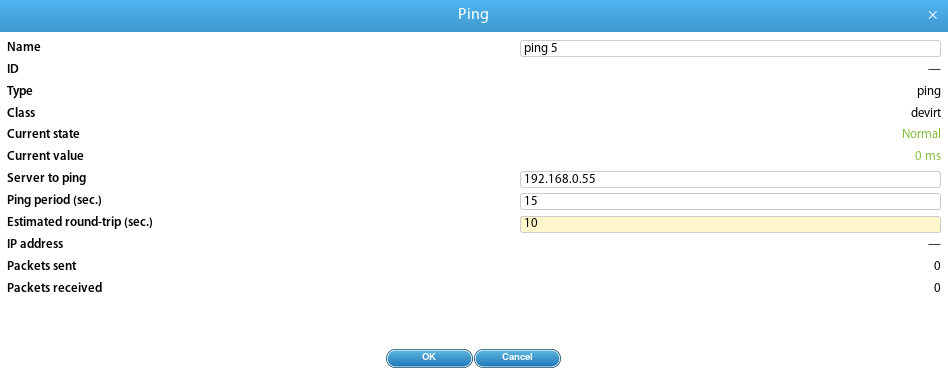 Ventana de configuración para el elemento PING