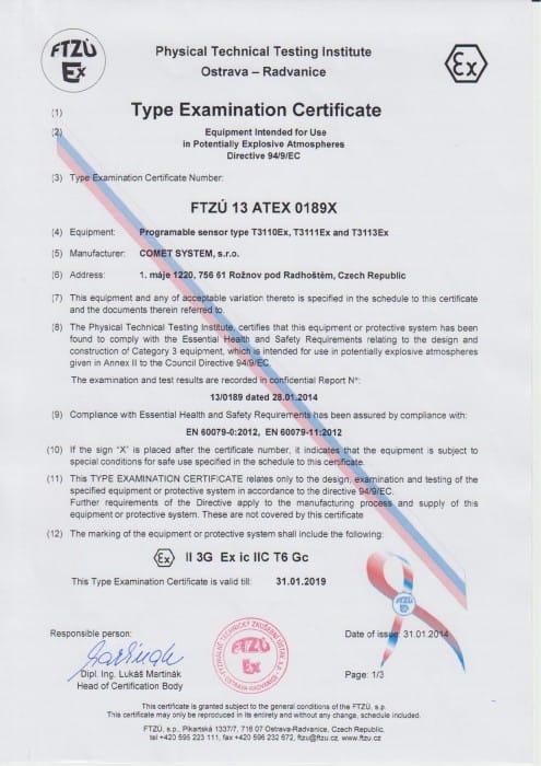 Transmisor de temperatura y humedad Comet T3110Ex (4-20 mA), para zonas peligrosas