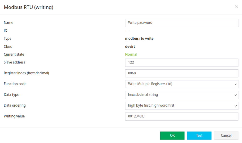 Formulario de configuración Modbus RTU Writing