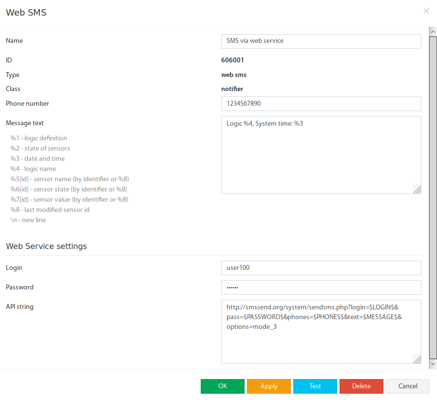 Ventana de configuración Web-to-SMS en la interfaz web de Didactum