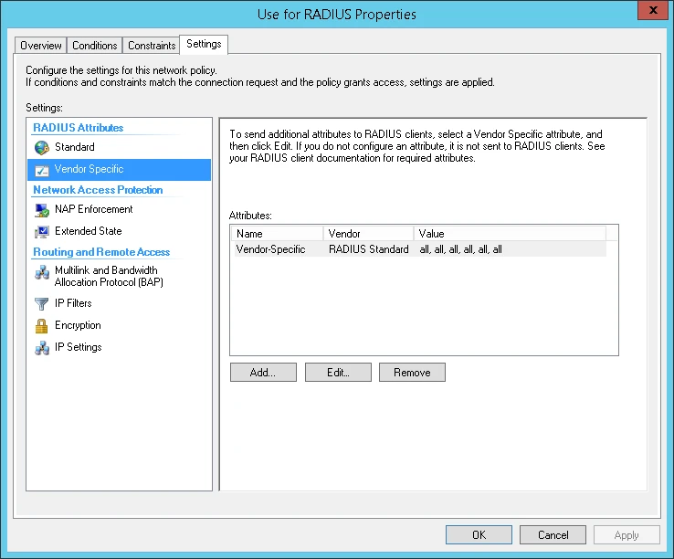 Política NPS completamente configurada con todos los atributos del proveedor: todos los usuarios del grupo RADIUS reciben acceso administrativo completo