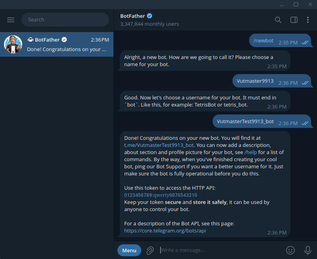 @BotFather muestra el API-Token después de crear el bot correctamente