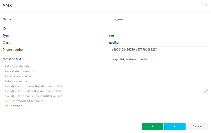 Ventana de configuración SMS en la interfaz web de Didactum