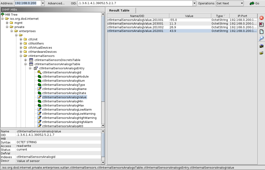 Baumstruktur der analogen Sensorwerte in einem MIB-Browser am Beispiel der Didactum-MIB